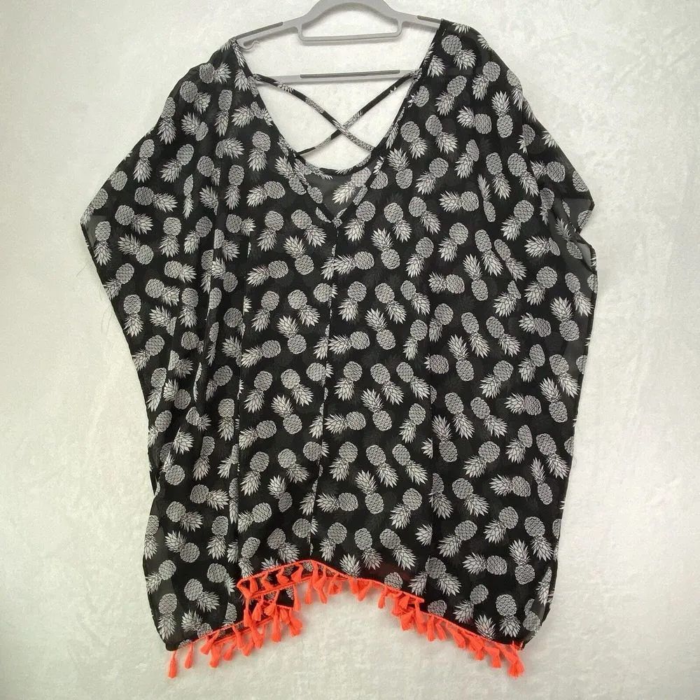 CoverUp Womens L Black & White Pineapple Sheer top Swim Coverup‎ no tag PTP 24" - Image 5
