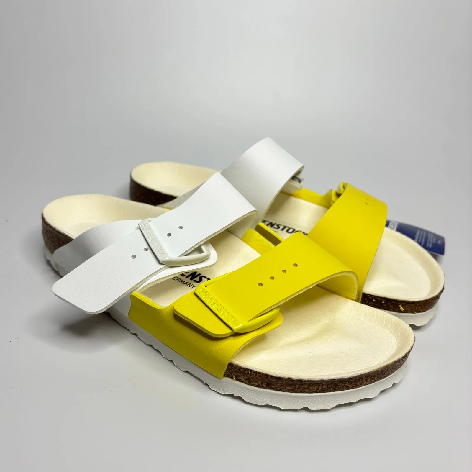 Birkenstock Arizona Split Two Strap Sandals in White/Lime Sour (Narrow) - Image 5