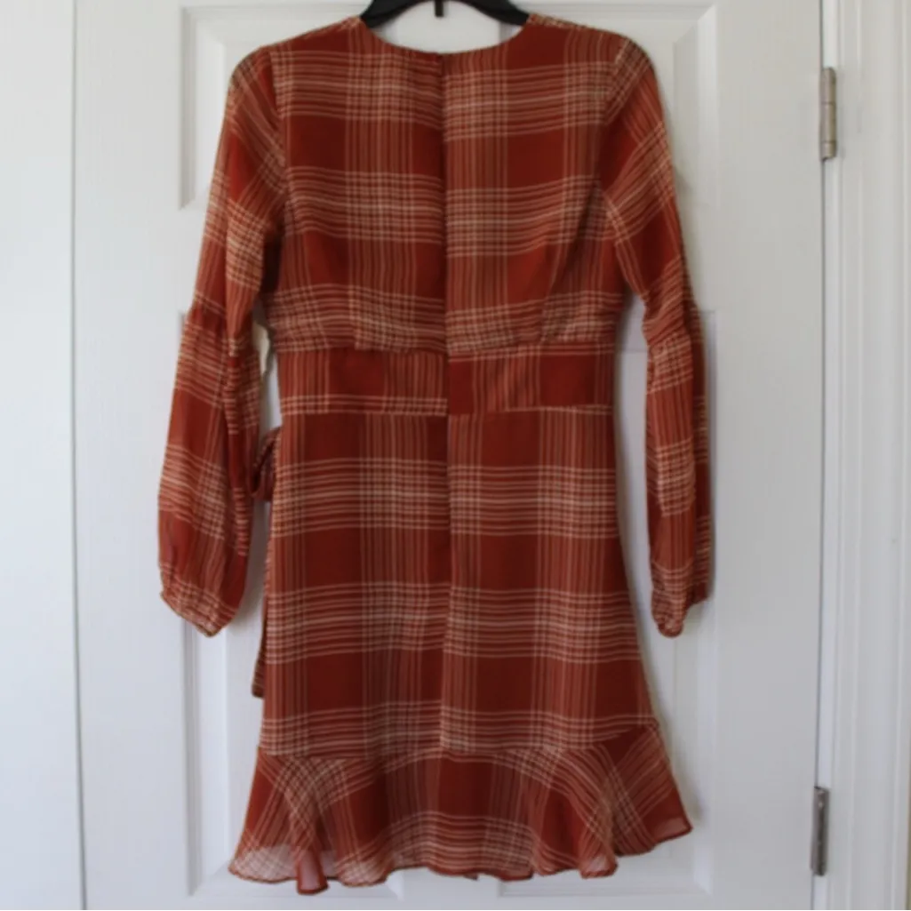 Altar’d State | Livorna Plaid Mini Wrap Dress in Rustic Orange Red - Image 6