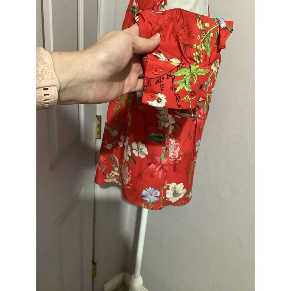 Parker Red Floral Cold Shoulder Tie Sleeve Pullover Blouse XS - Image 5