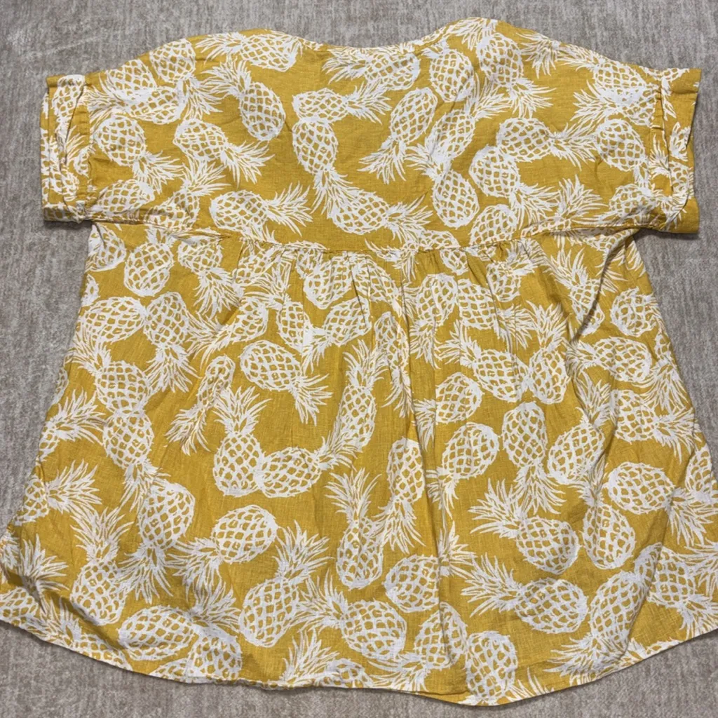 XL XXL pineapple Linen Top short cuffed sleeve pleated back flowy yellow white - Image 5