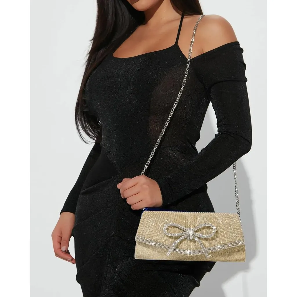 ⚡ Women's Gold Bow Sparkly Glitter Evening Rhinestone Party Prom Clutch Bag - Image 3