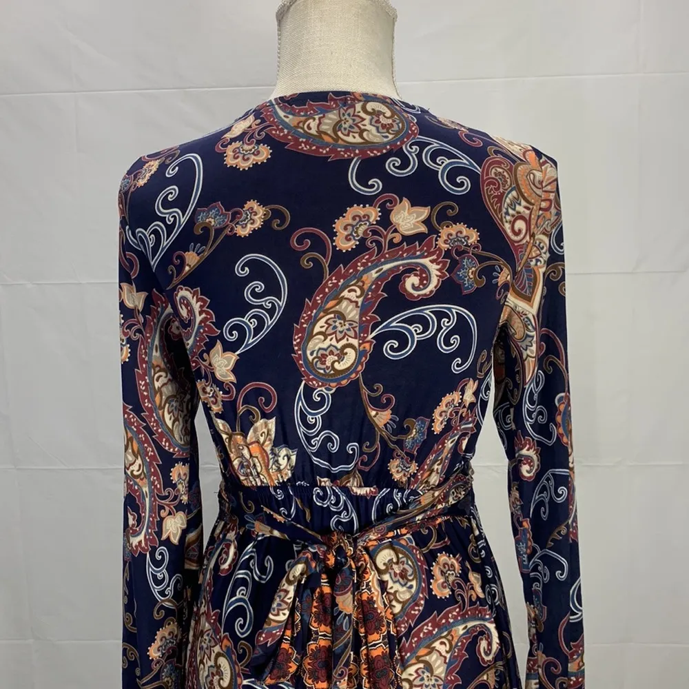 Venus Long Sleeve Paisley Navy Blue Faux Wrap Midi Dress Size Small - Image 9