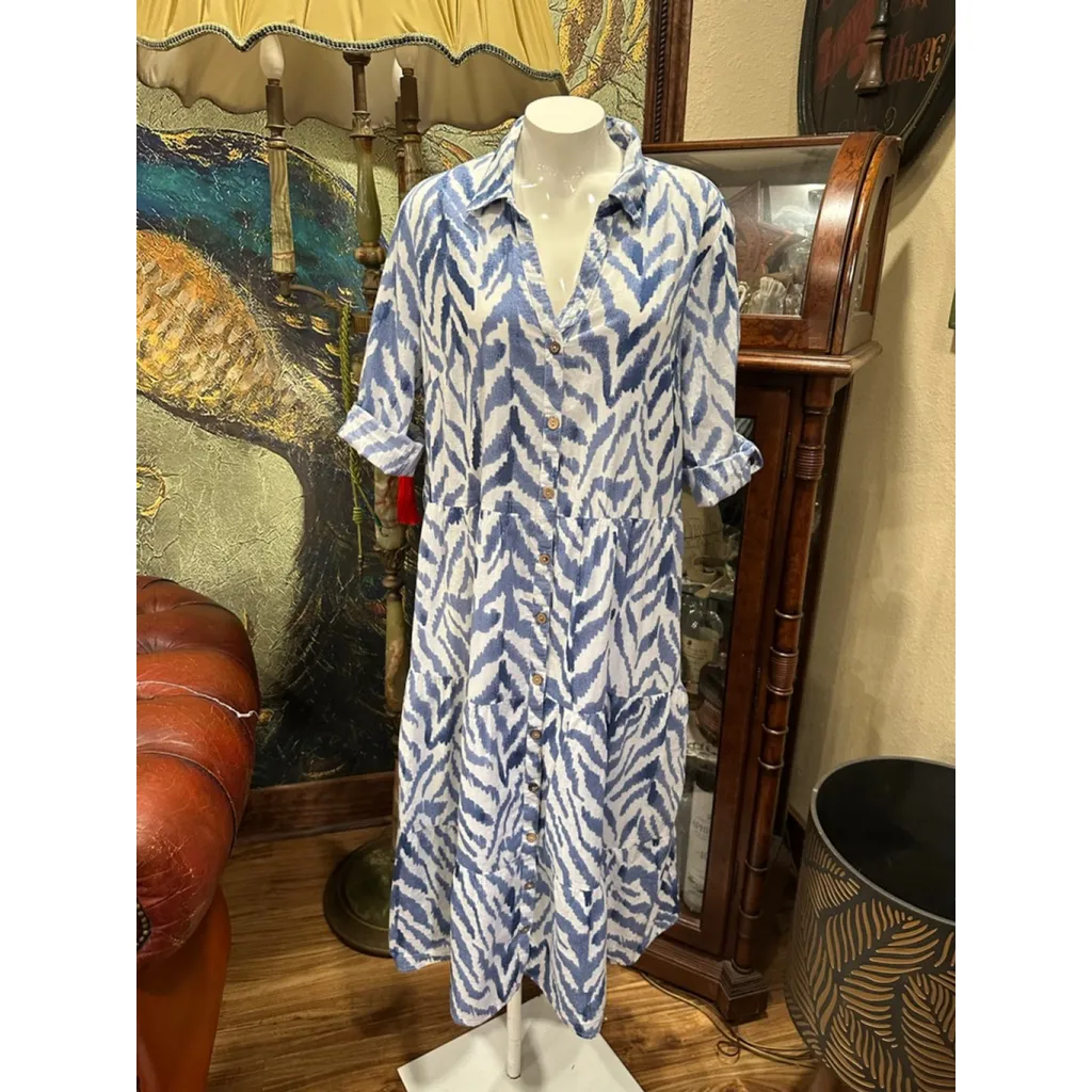 Women's Mlle Gabrielle Blue White Ikat Print Midi Dress XL - Image 2