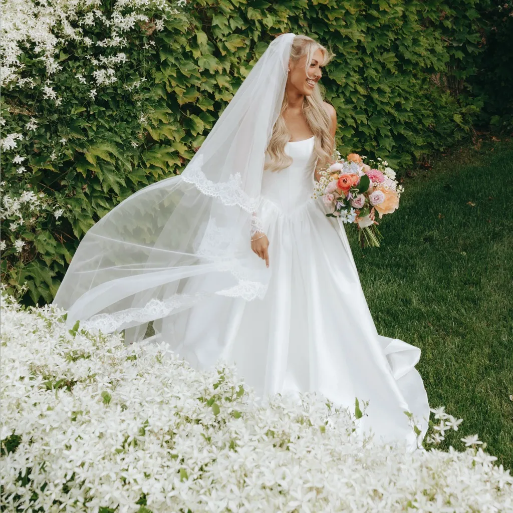 Bright White Cathedral Lace Veil with Blusher - Image 8