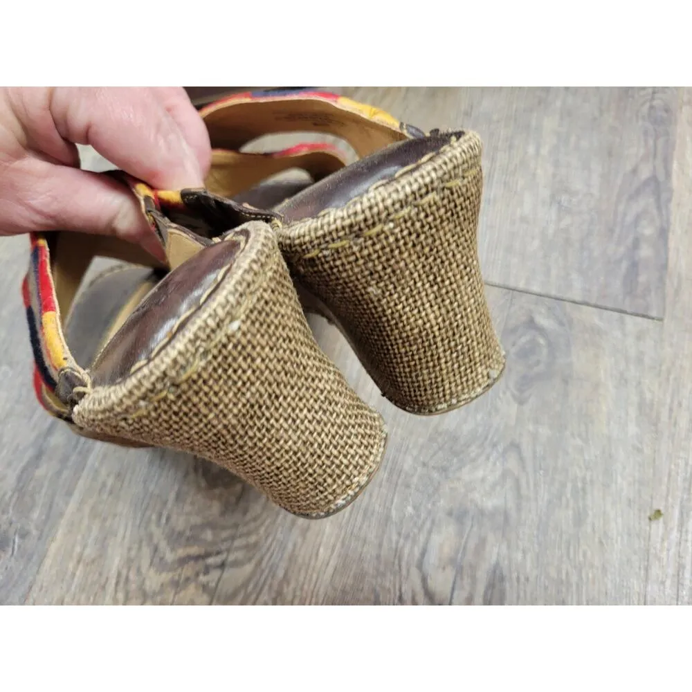 Born Wedge Sandals Maltia Brown Size 9 Leather Upper 3" Heel Red Blue Shoes - Image 5