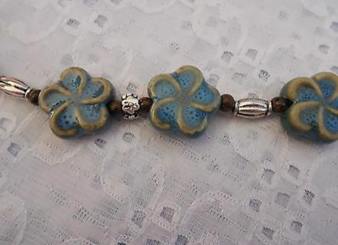 NEW!  Earthy Beaded Toggle Bracelet W Ceramic Flower Beads. 7.25” - Image 5