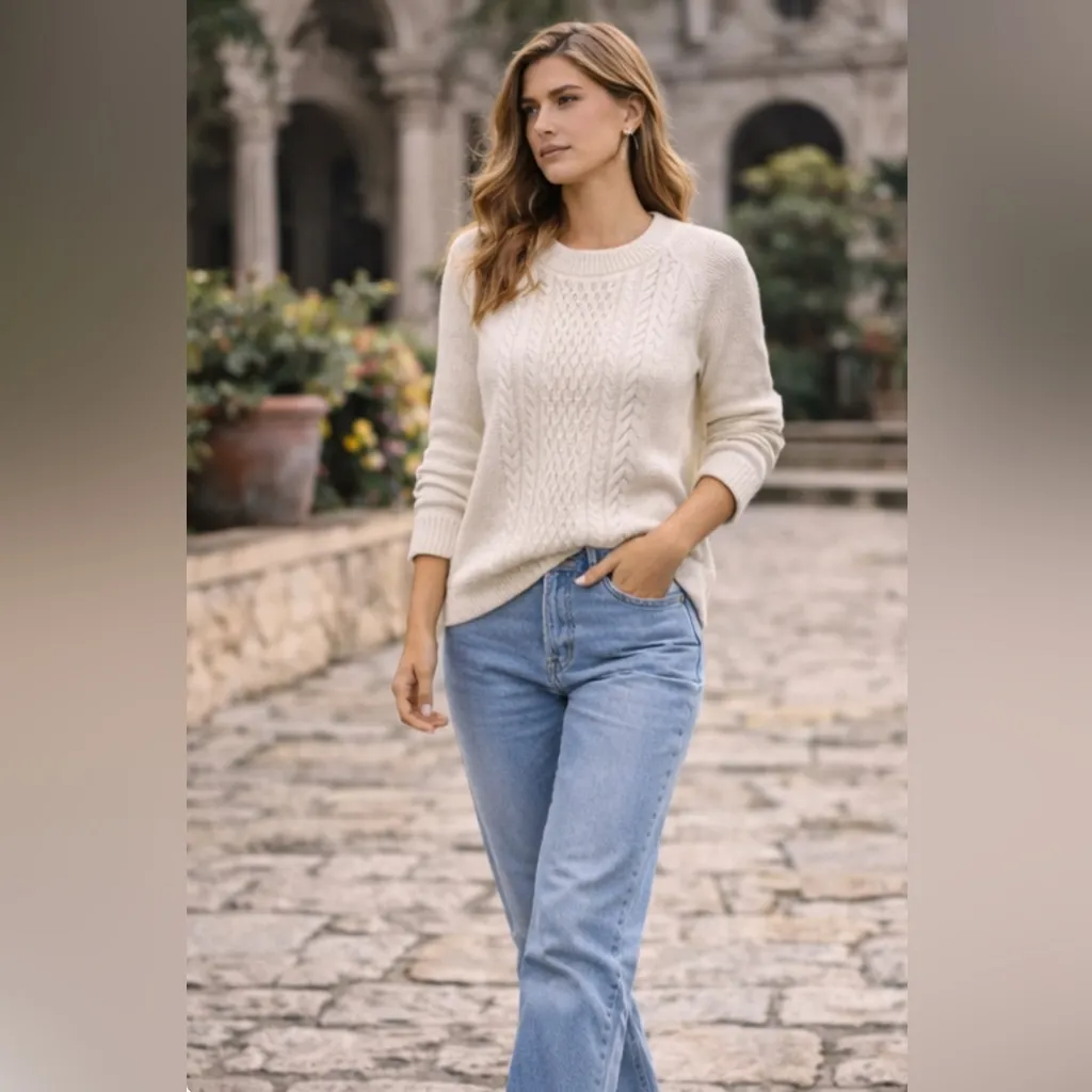 Talbots Cream Shaker Stitch Cable Knit Pullover Cotton Sweater Sz M - Image 13