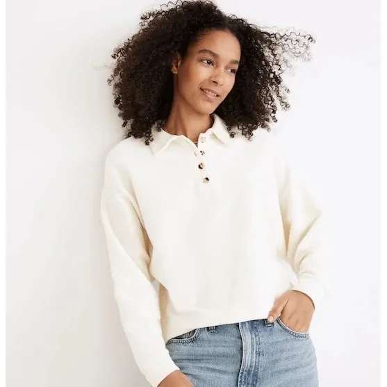 Madewell‎ Top Cream Ottoman Jacquard Polo Organic Cotton XS NC618 - Image 2