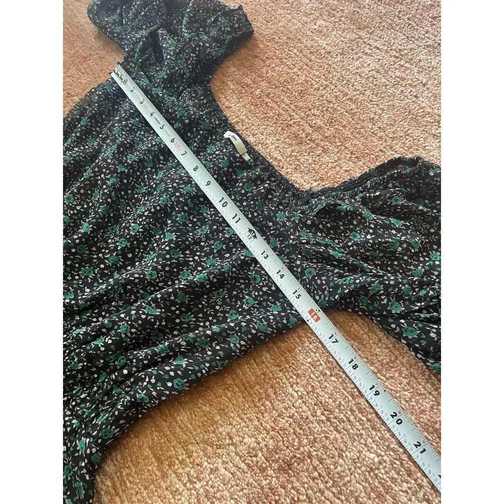 Francesca's Mi Ami Floral Romper M Black Green Puff Sleeve Square Neck Boho M - Image 4