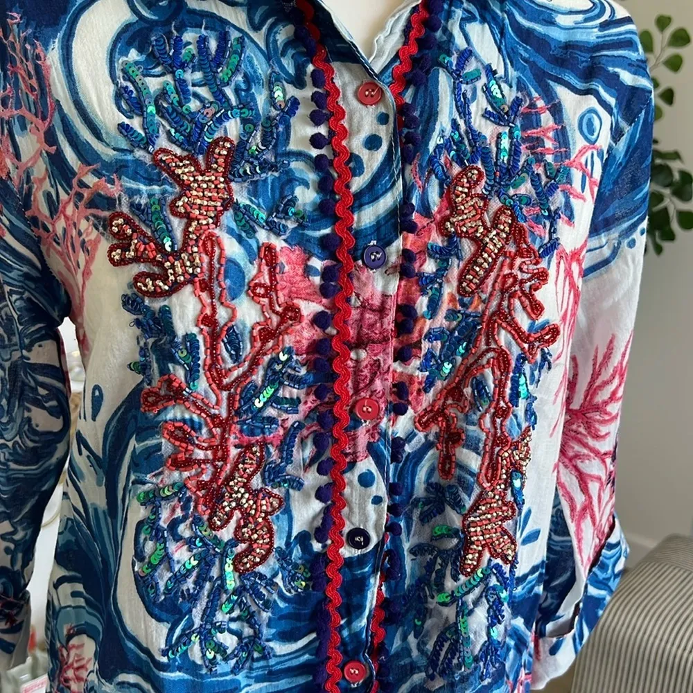 Antica Sartoria Beach Shirt Dress Button Front Cover Up Resort Wear Sequin Small White - Image 5