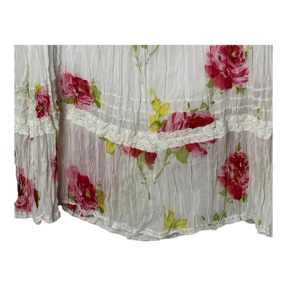 Y2K Guess White Pull-On Midi Skirt Red & Pink Roses Lace Trim Women's Medium - Image 8