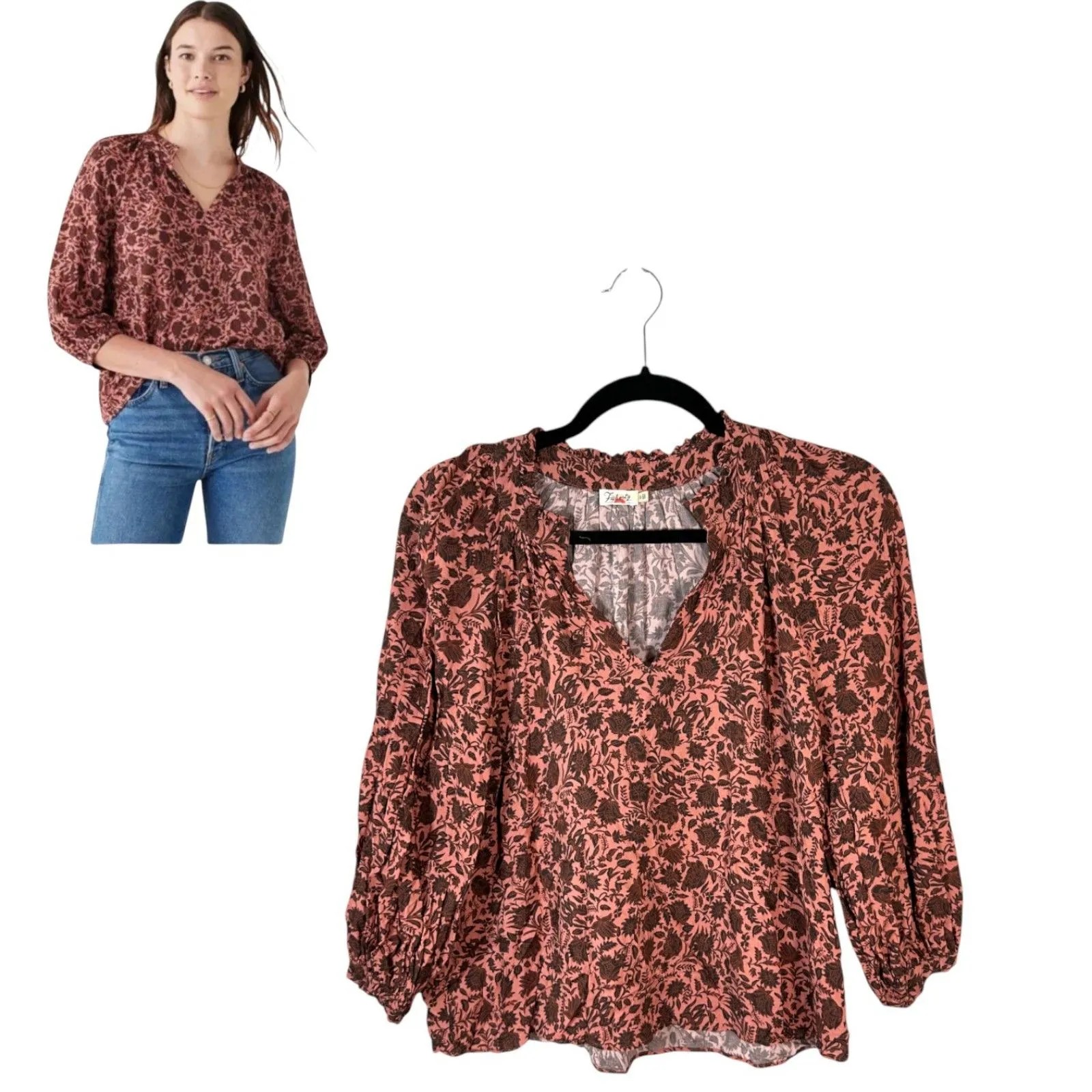 Faherty Portia Montserrat Floral Pink Burgundy 3/4 Sleeve Blouse Size Small - Image 2