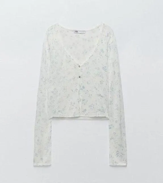 Zara Women's Floral Print Knit V Neck Long Sleeve Crop Top White Blue Size Small - Image 3