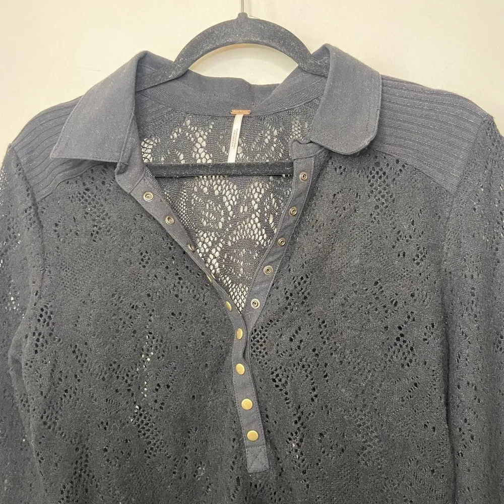 Free People Black Lace Long Sleeve Button Snap Collared Shirt Sz Medium - Image 3