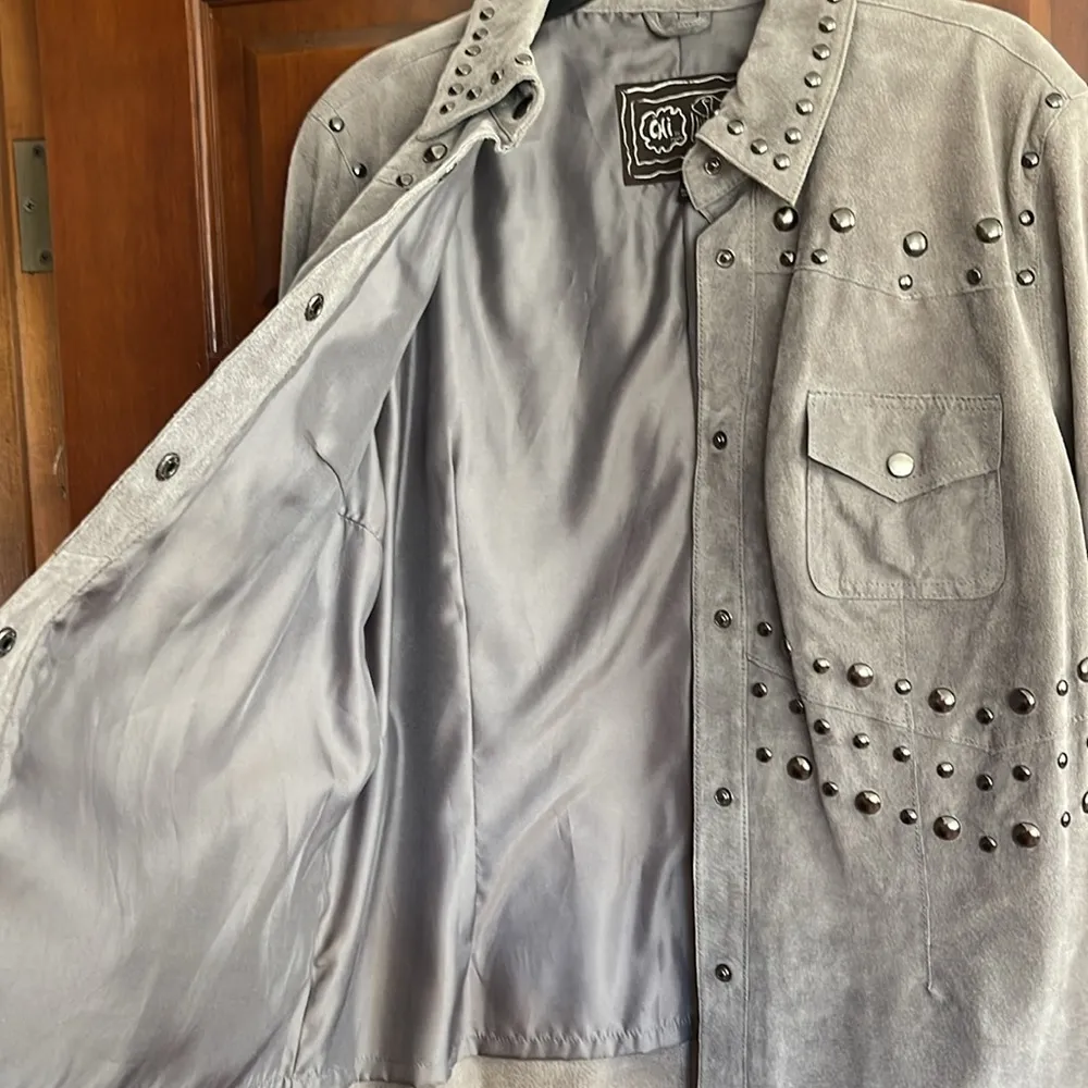 Chi by Carlos Falchi suede leathered studded jacket/shirt size XL Gray - Image 6