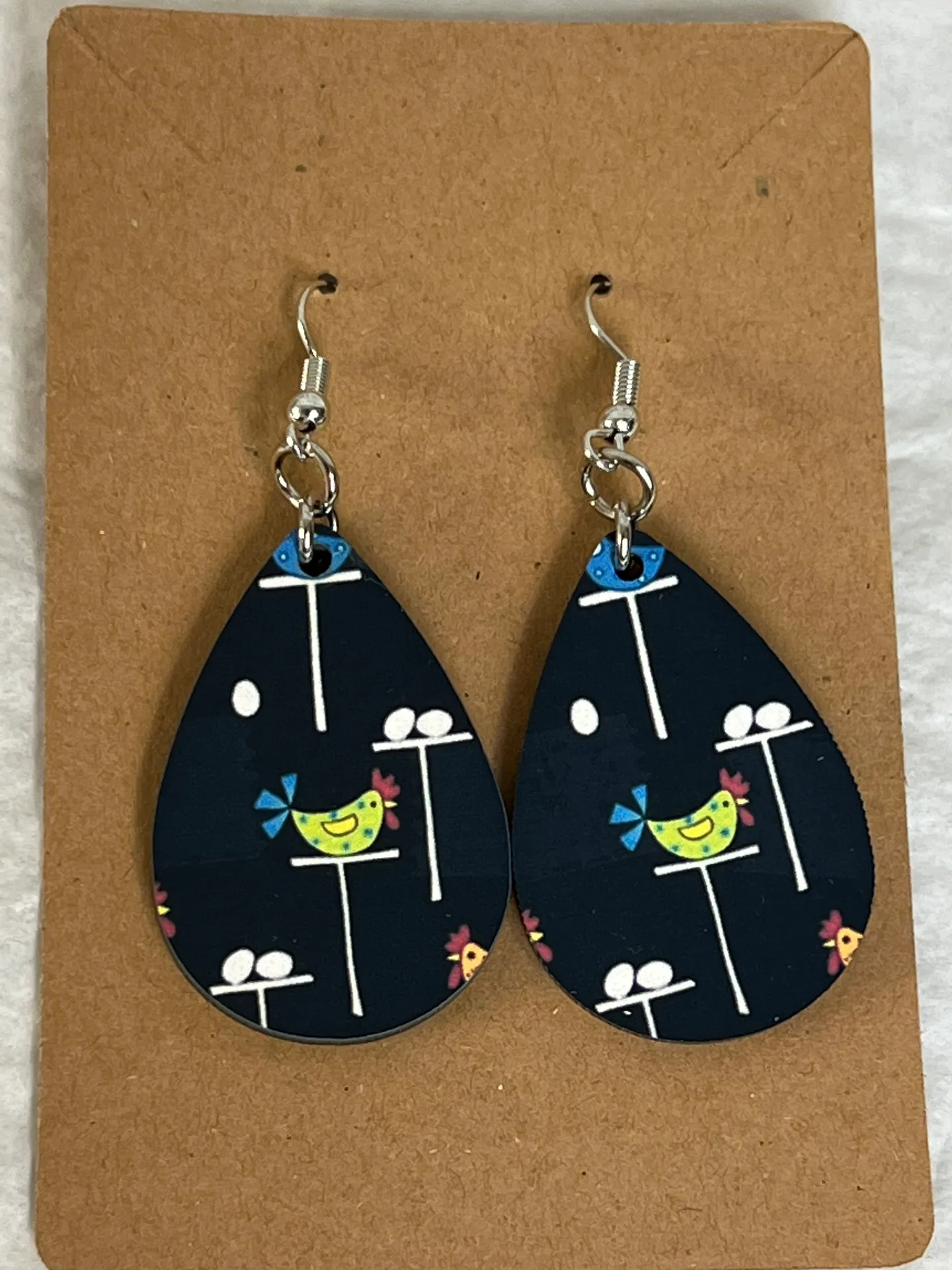 Chicken, Eggs, Teardrop Dangle Pierced Earrings - Image 2