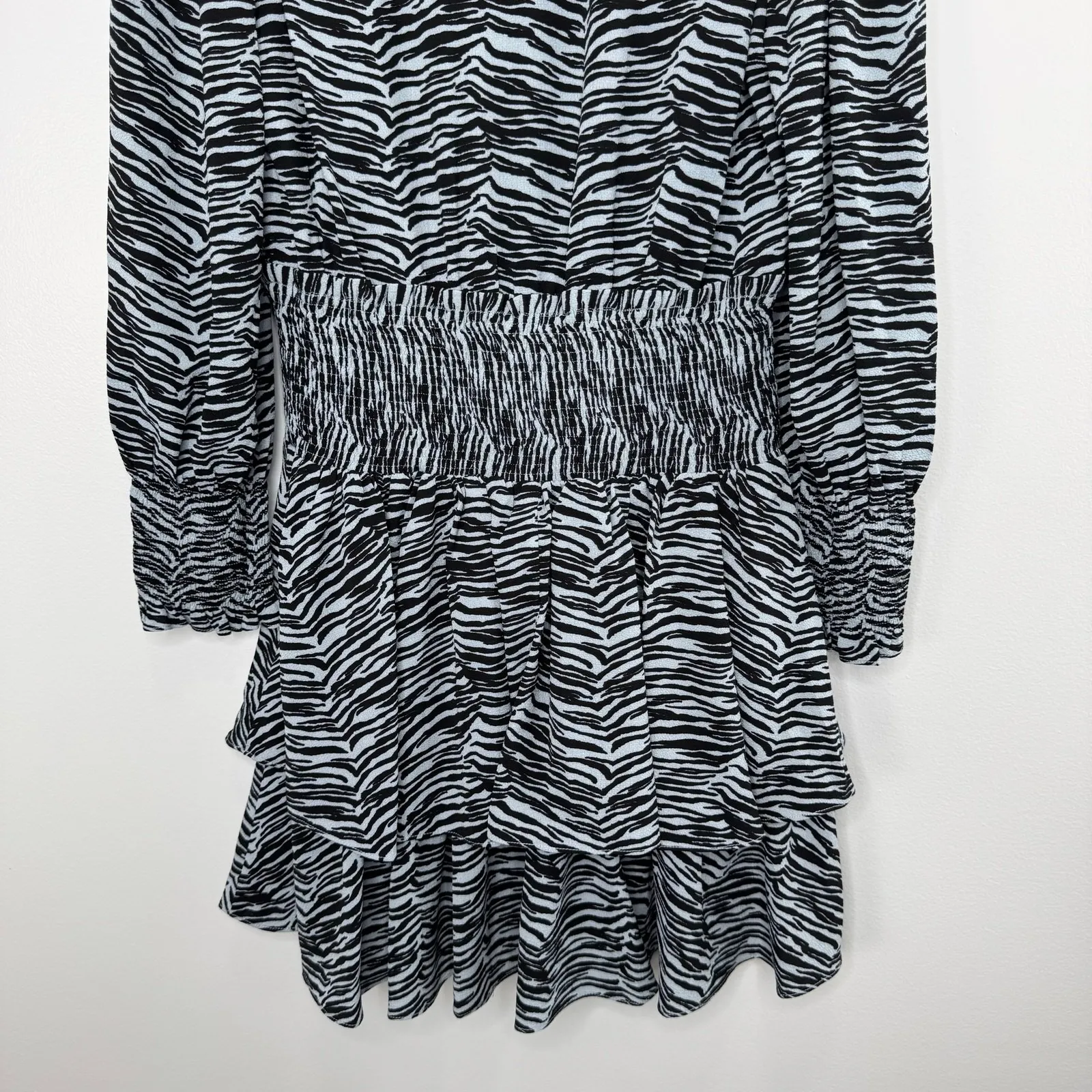 La Vie Rebecca Taylor Mini Dress Women‎ Medium Blue Tiger Stripe Smocked Waist - Image 10