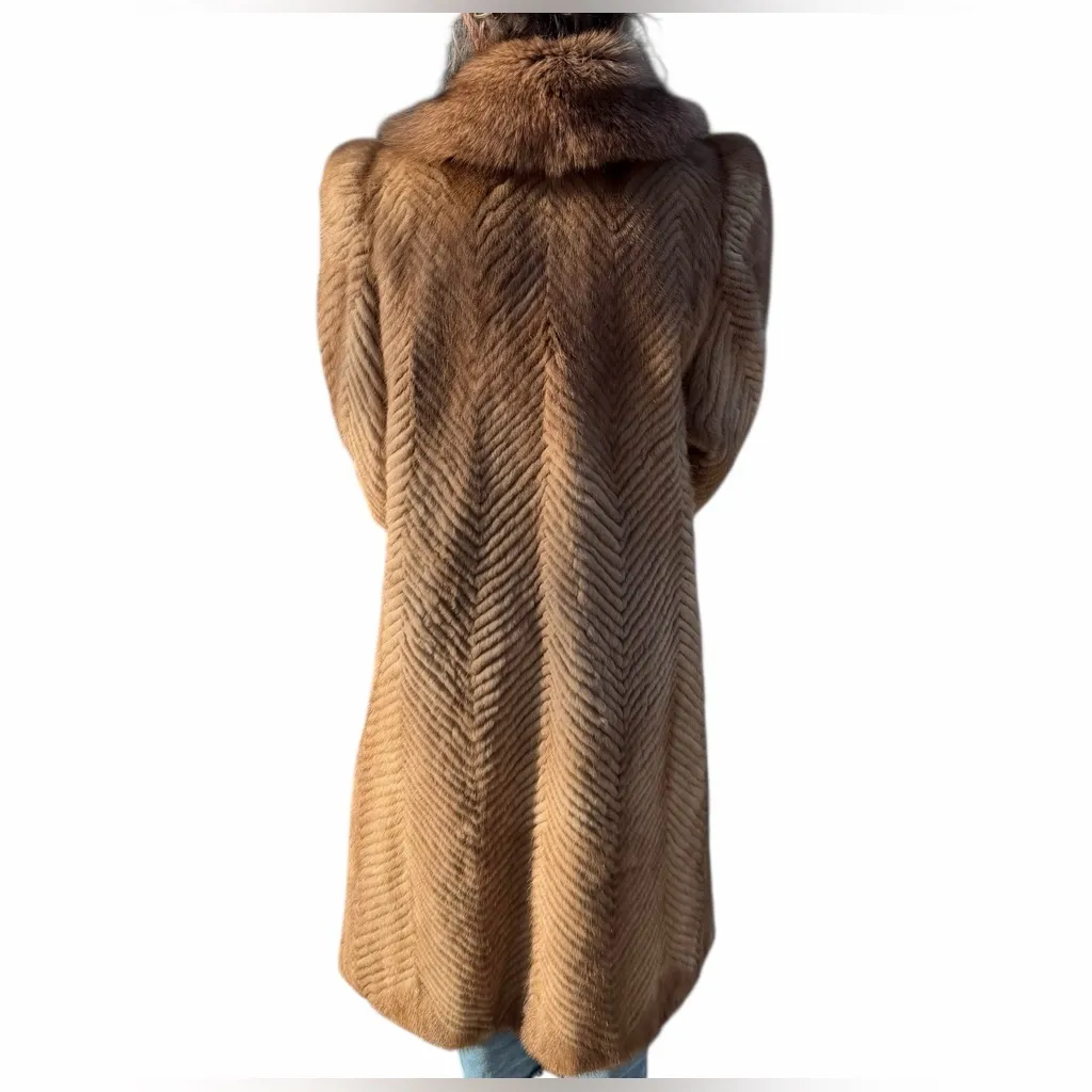 RARE Authentic SAGA Mink Fur Long Coat Camel Brown Herringbone SAGA Fox Trim M Size M - Image 11