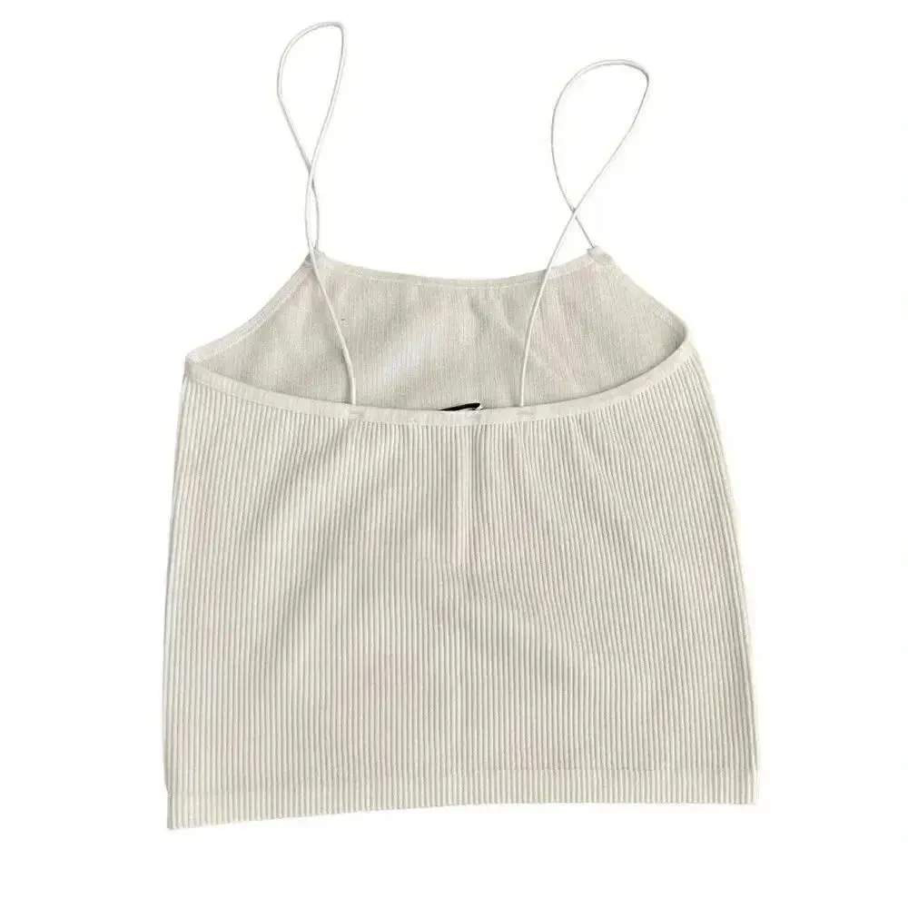 Zara White Ribbed Spaghetti Straps Womens Tank Top Cropped Boxy SZ XS # 1183 - Image 2
