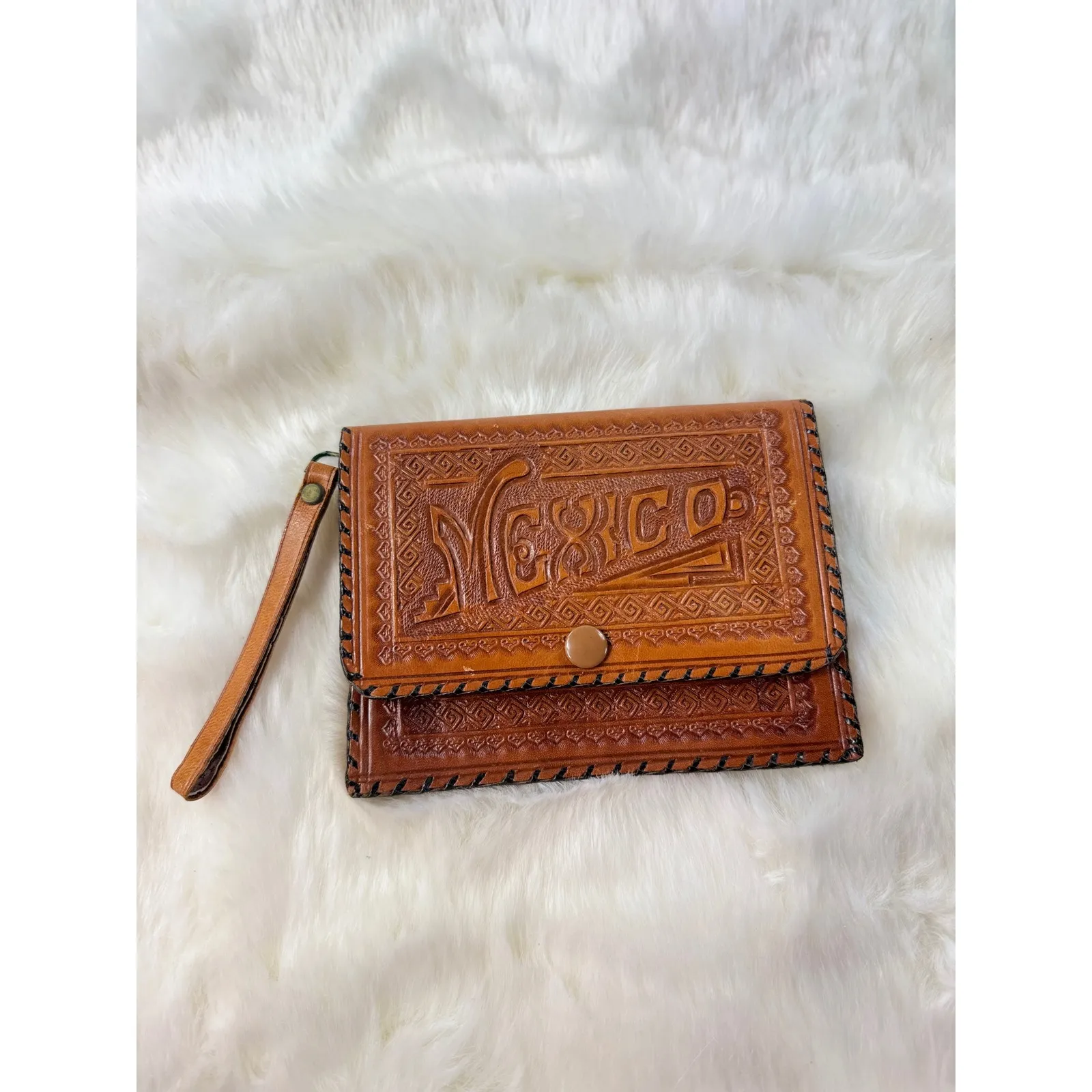 Vintage Tooled Leather Clutch Wallet MEXICO Wrist Strap Brown Snap Closure - Image 2