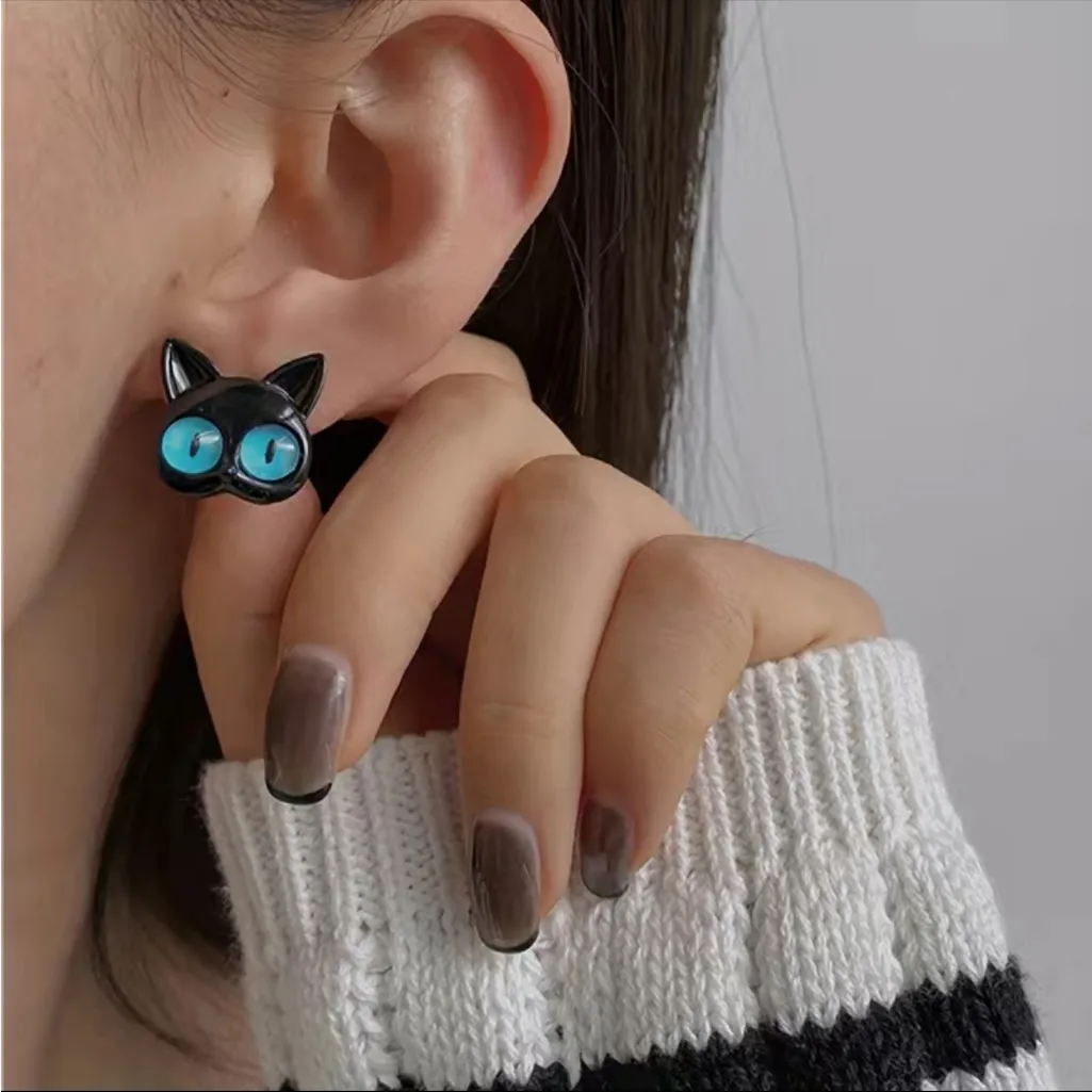 Stud Earrings‎ Ear Jacket Cat Design Zinc Alloy Silver Earrings Retro Cute Style Black - Image 2