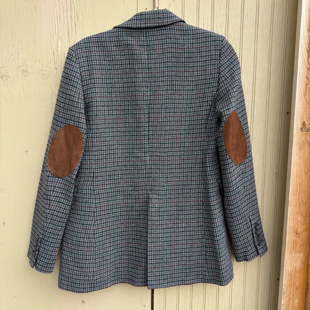 Zara Wool Blend Houndstooth Plaid Patch Elbow Blazer - Image 4