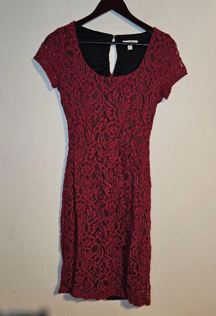 Eva Mendes Dress New York & Company Red Lace Bodycon Black Midi Cocktail Party Size 2 - Image 10