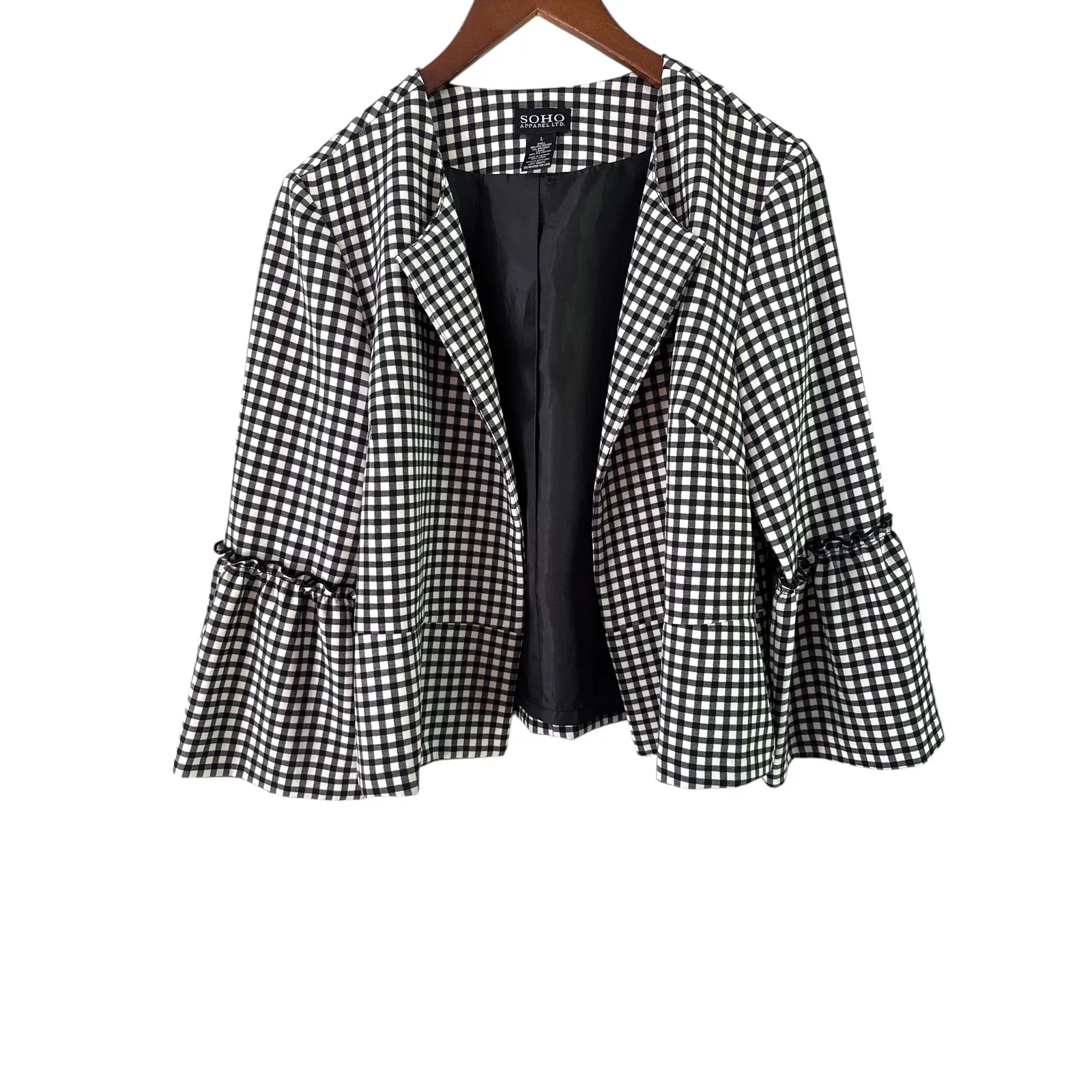 Soho Apparel Gingham Blazer Ruffle Bell Sleeve Career Jacket Black White L - Image 2