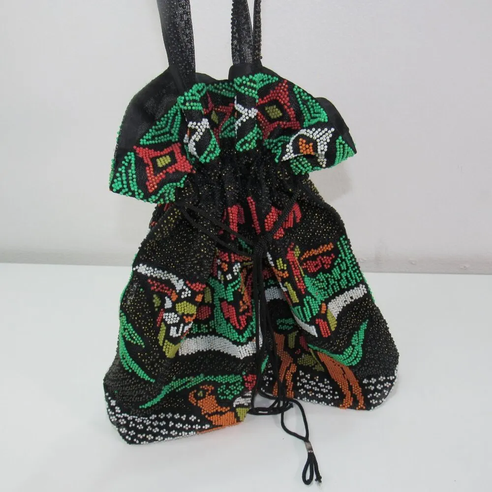 Vtg Beaded Tote Bag Purse Jerusalem Camels Israel 16”x15” Drawstring Colorful Black - Image 2