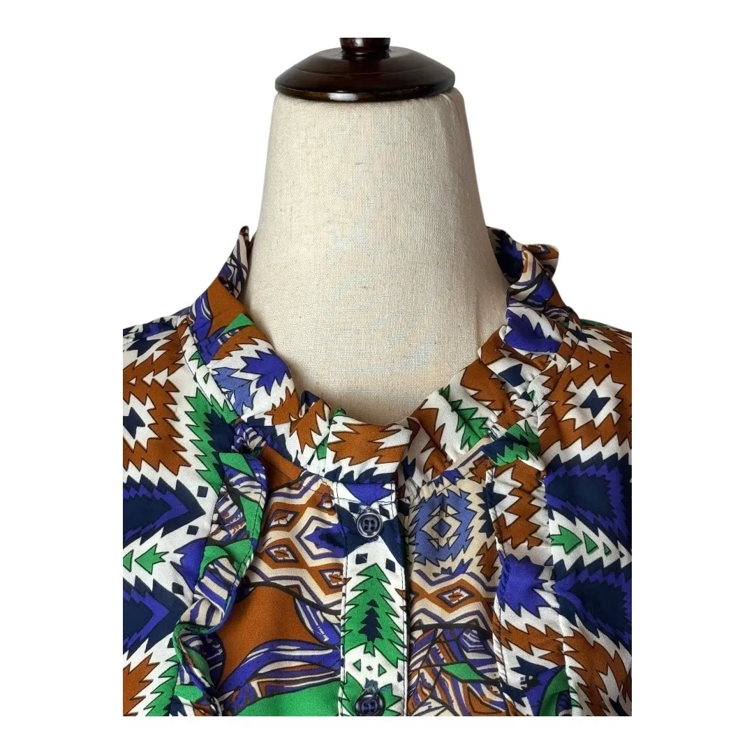 Joy Joy Dress Women Medium Blue Green Abstract Long Sleeve‎ Ruffle Neck Mini - Image 3