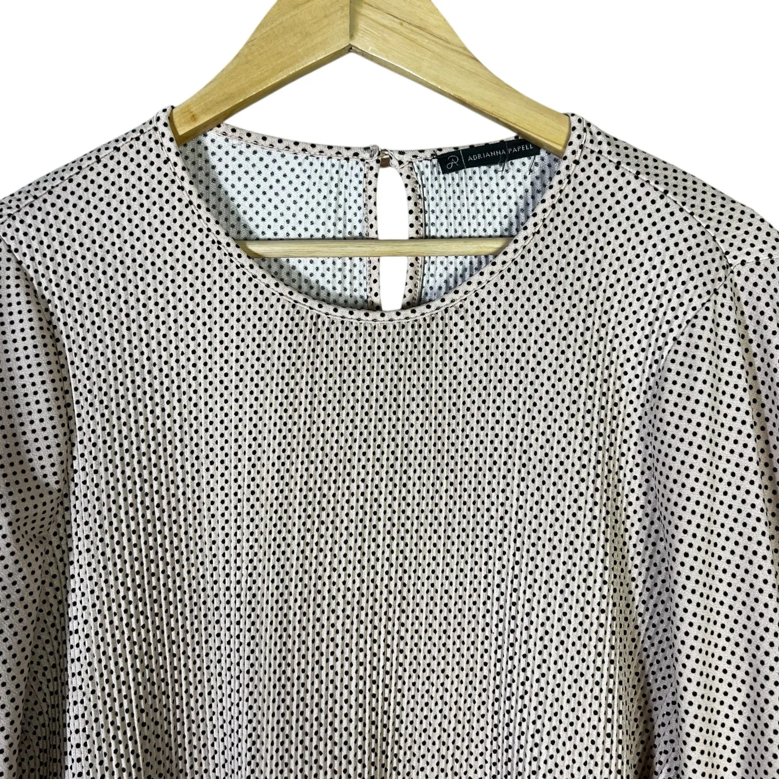 Adrianna Papell Polka Dot Pleated Blouse Womens M Pink Feminine Modest Career - Image 3