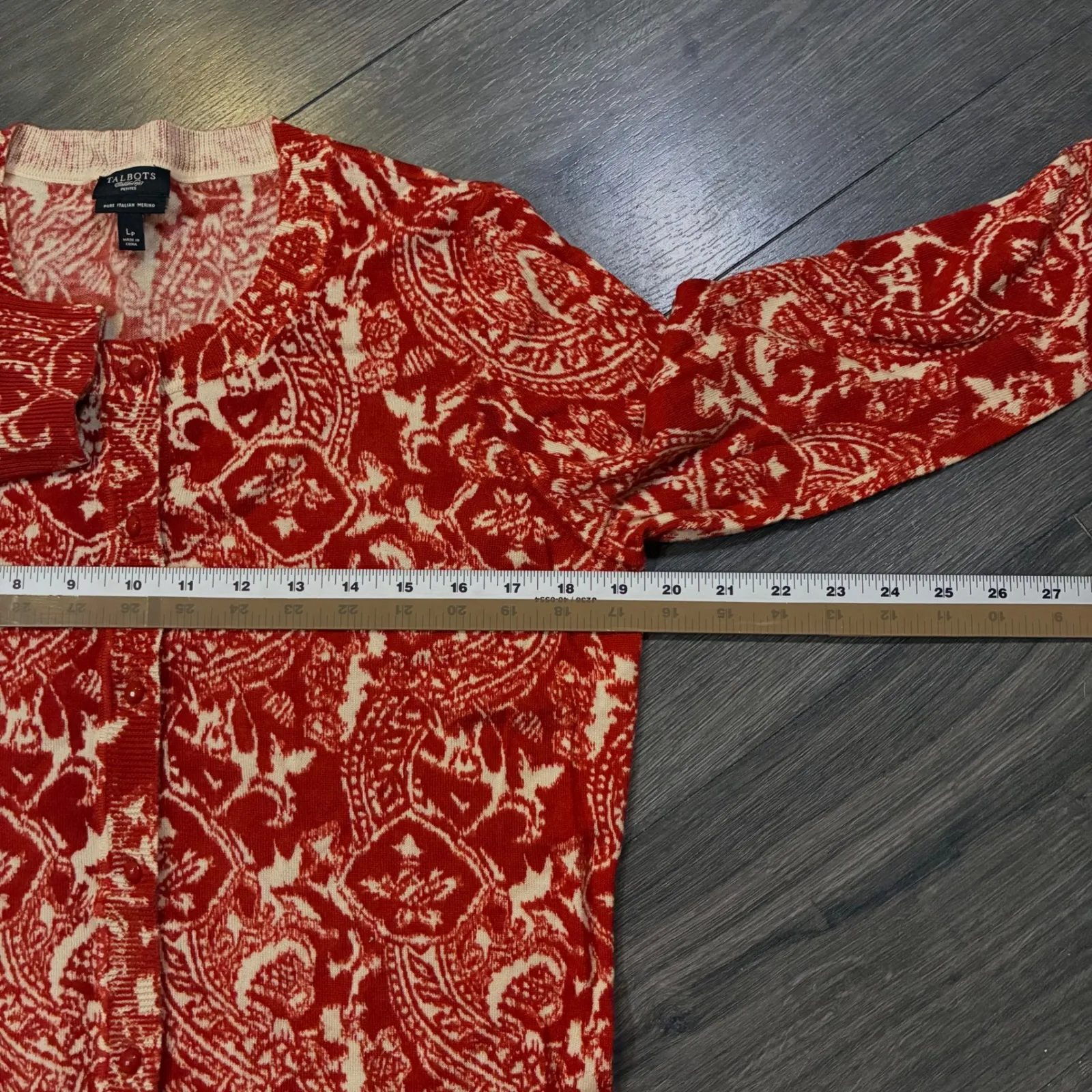 Talbots Petites Cardigan Sweater Red Paisley Print 100% Merino Wool Large Petite - Image 5