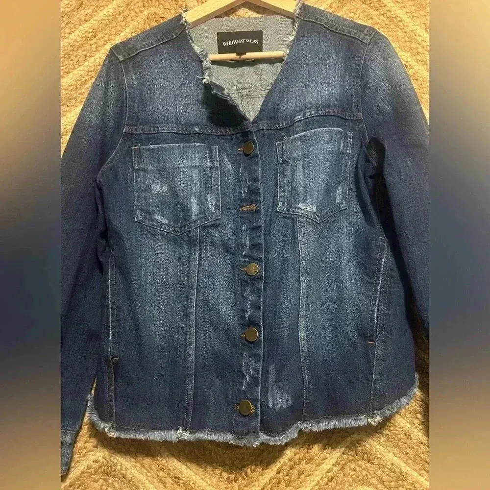 WhoWhatWear Women's Dark Wash Denim Fringe Biker Jacket, Size L,Brand New no tag - Image 2