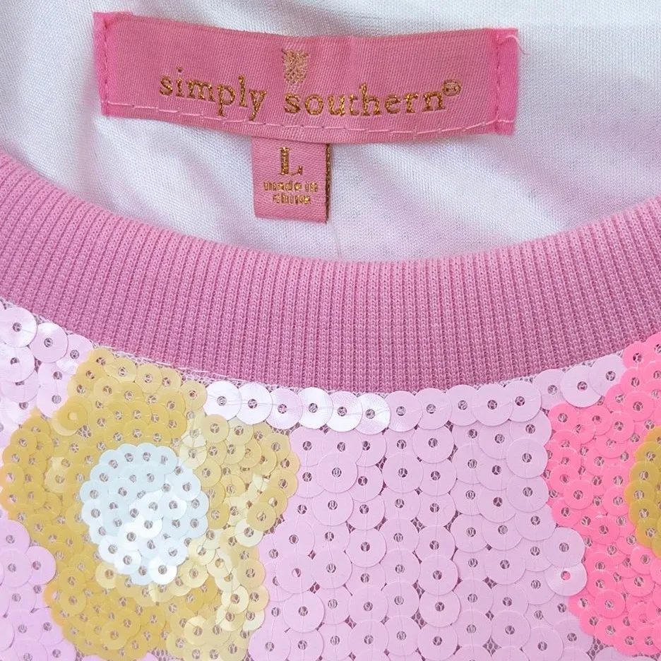 Simply Southern Womens Preppy Sequin Daisy Top Size L Pink Floral Short Sleeve - Image 4