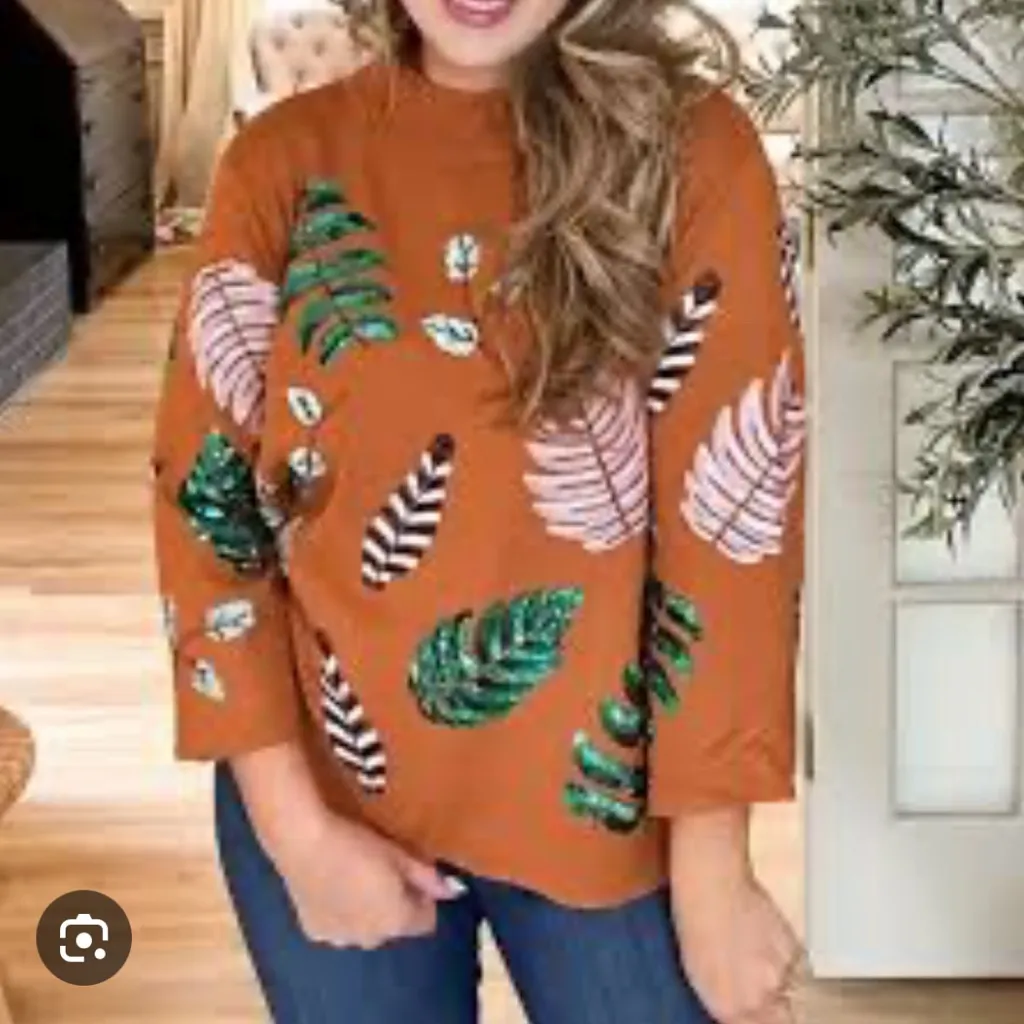 Fate Flare Sleeve Beaded Leaf Botanical Plant Flower Boho Brown Oversize S - Image 2