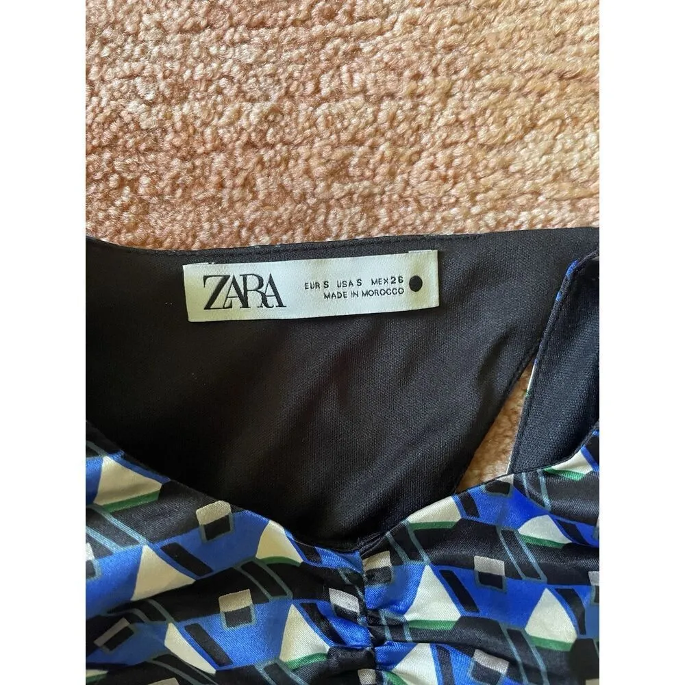 Zara Blue Geometric Print Mini Dress Ruched Long Sleeve Size S - Image 2