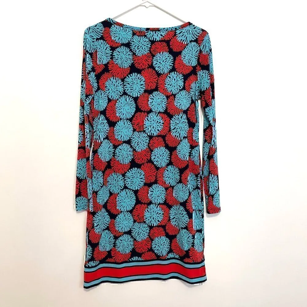 MICHAEL MICHAEL KORS MK McKenna Dress Blue Red Sea Coral Geo Preppy Long Sleeve - Image 11