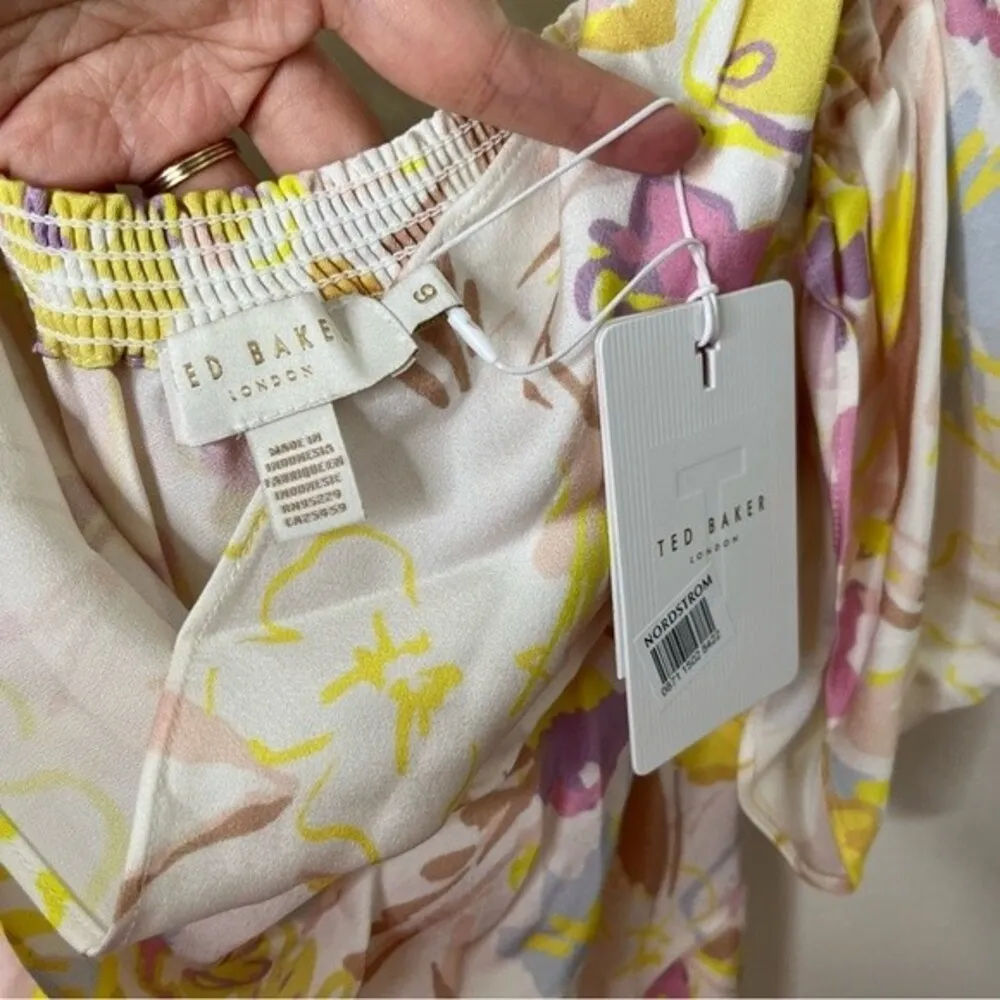 Ted Baker Camily Cowl Front Satin Mini Dress Floral Cold Shoulder Size 6 US 12 - Image 12