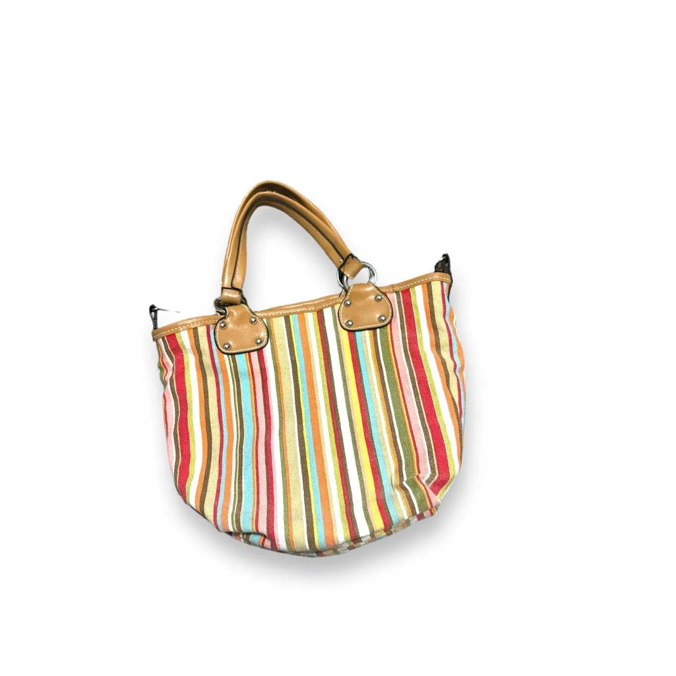Vintage Y2K Women's Striped Canvas Leather Handle Shoulder Hand Bag Beachy Artsy Red - Image 2