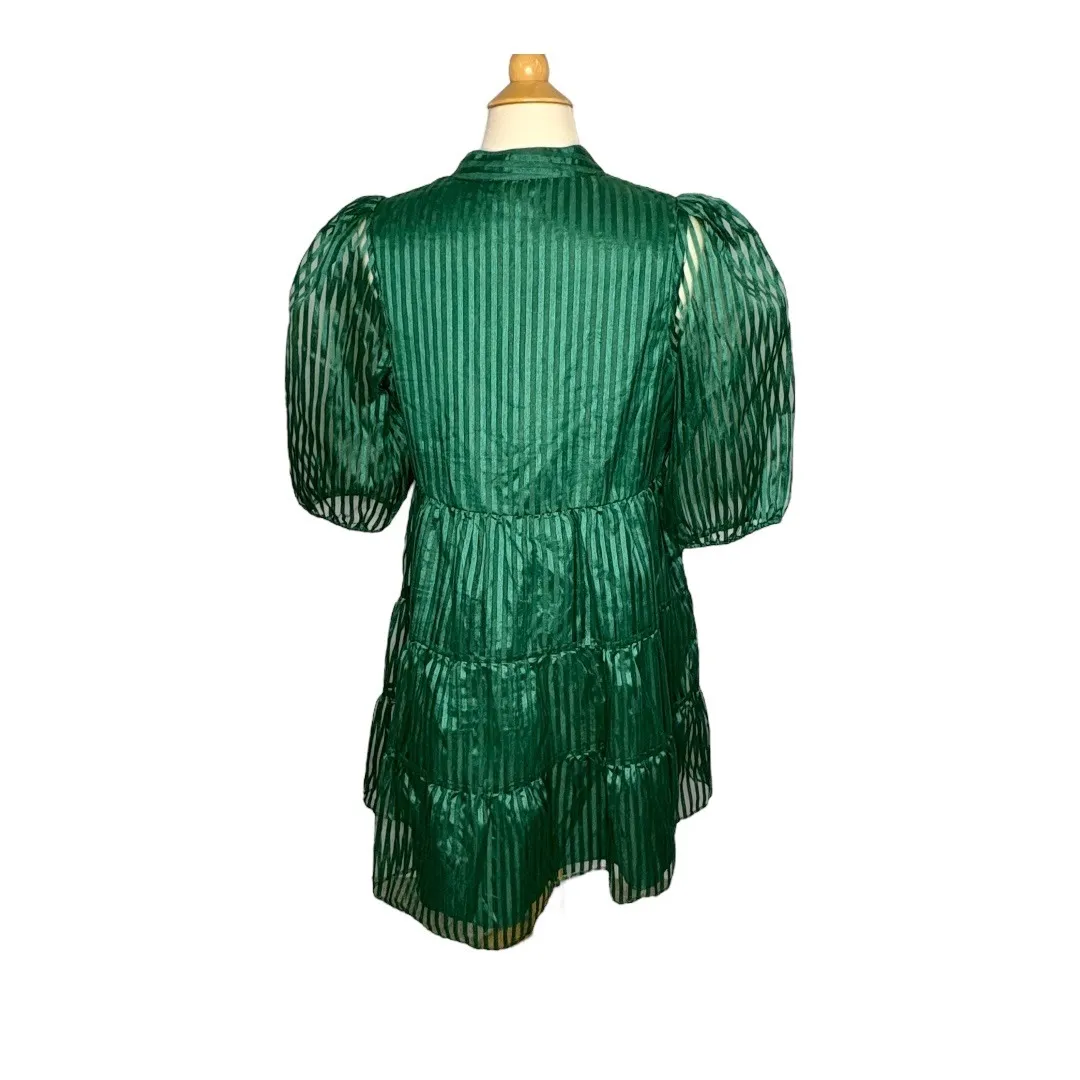 Crown & Ivy Shadow Stripe Tiered Mini Dress‎ Sheer Sleeve Party Green Size Large - Image 12