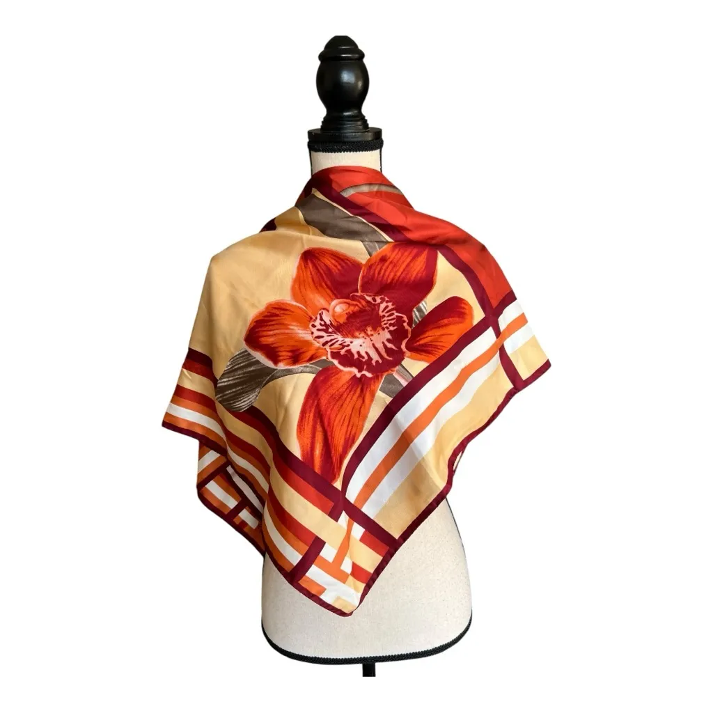TEO Grimaldi Milano Floral Squared Patterned 100% Silk Twill Scarf Size XL Orange - Image 2