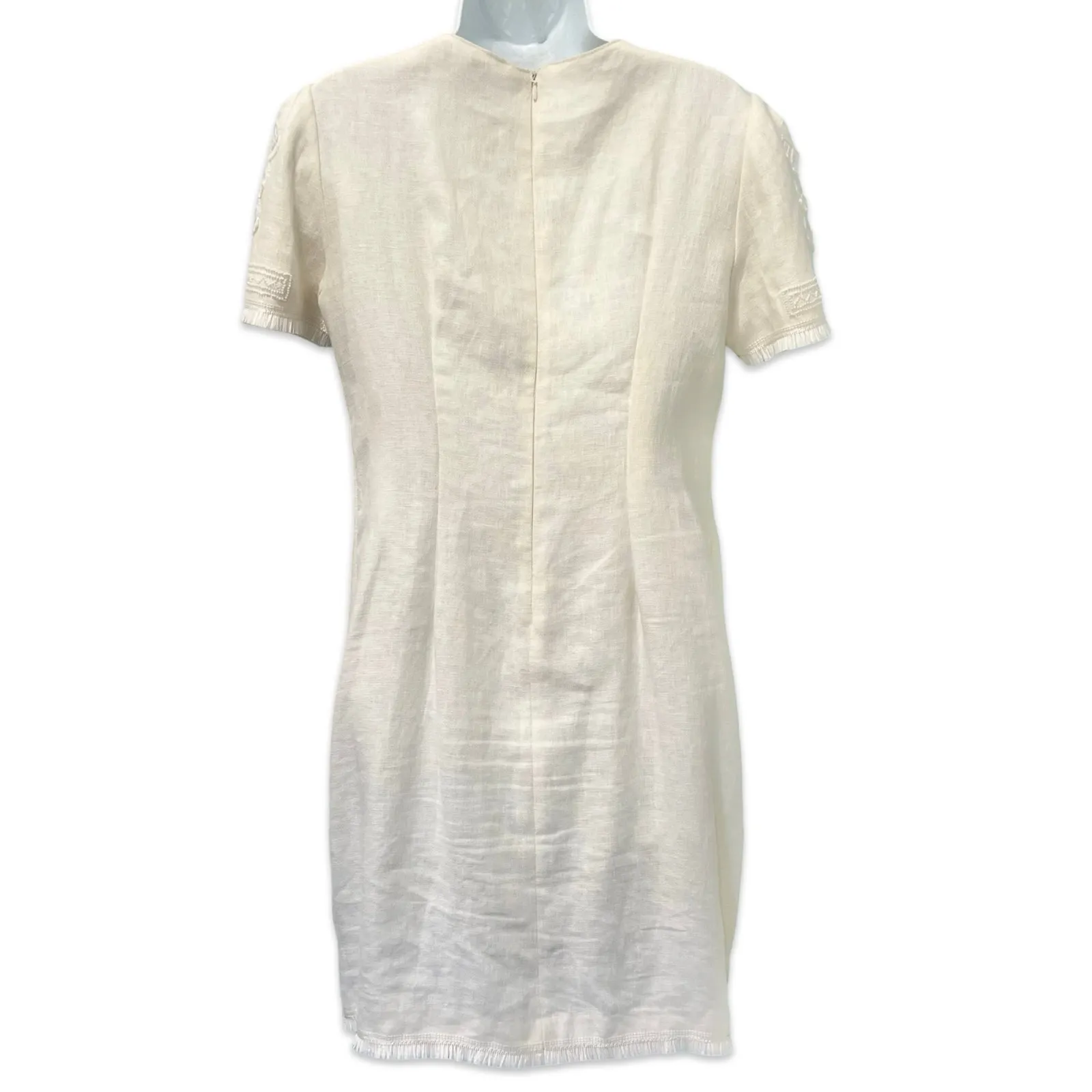 Kobi Halperin Ivory Beaded Tassel Mini Shift Linen Short Sleeve Dress size M White - Image 3