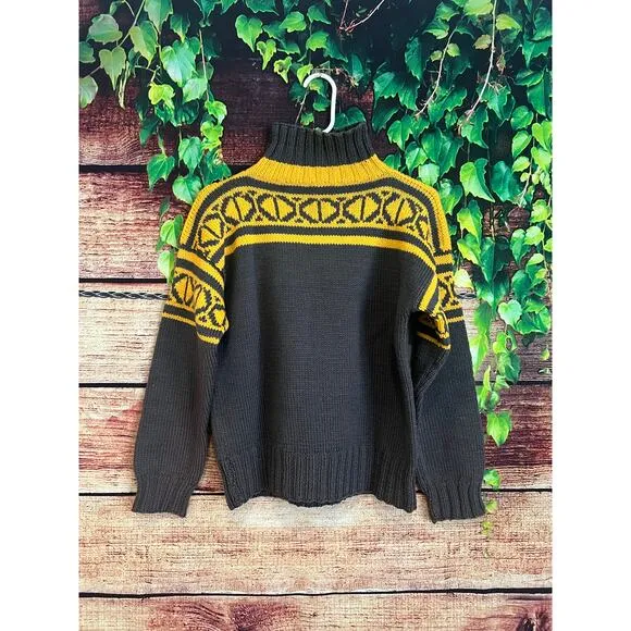 Chunky Knit Ski Sweater Turtleneck Fair Isle Turtleneck Wool Gray Yellow Women L - Image 2