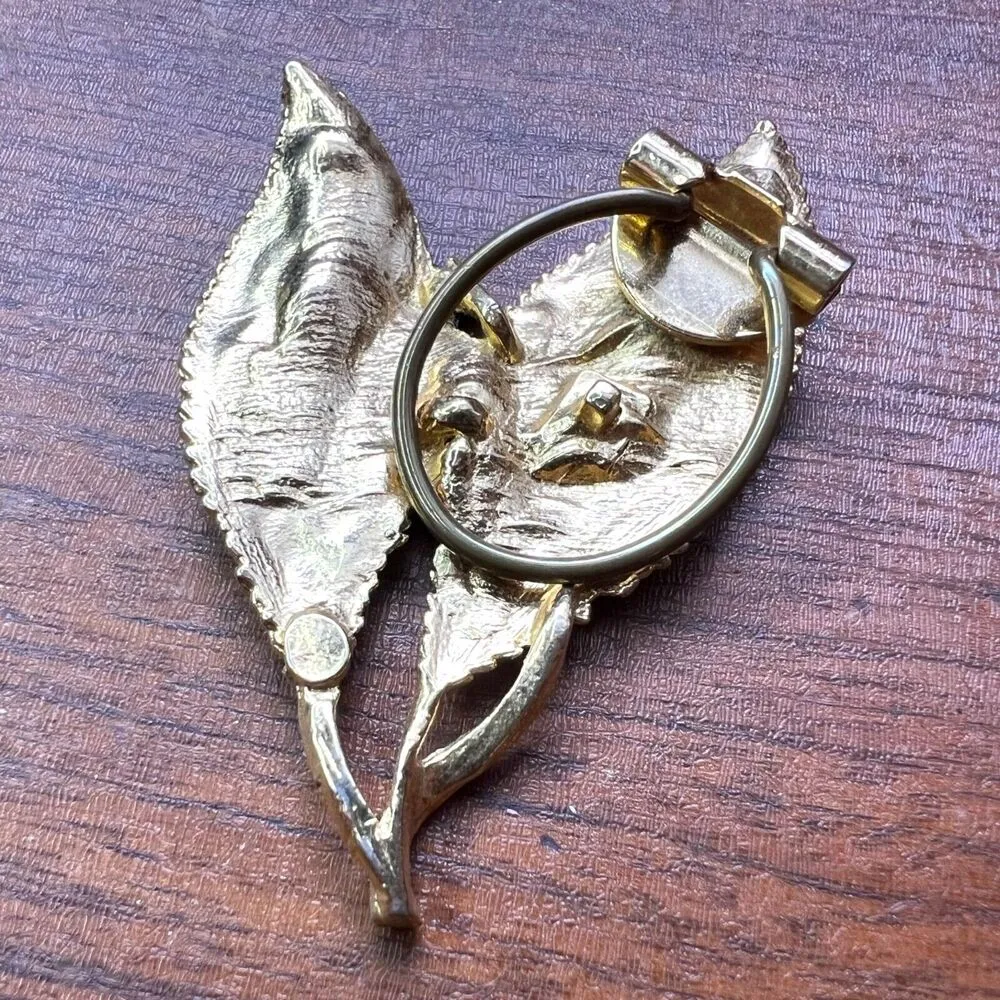 Vintage Double Leaf Clasp Pinless Brooch Pin Gold Tone - Image 7