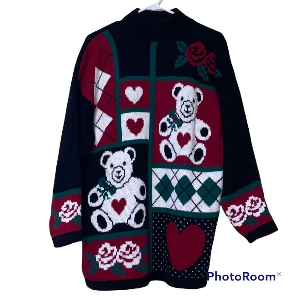 Ship n’ shore M Vintage 80’s tunic sweater rose teddy bear heart argyle pullover Black Size M - Image 10