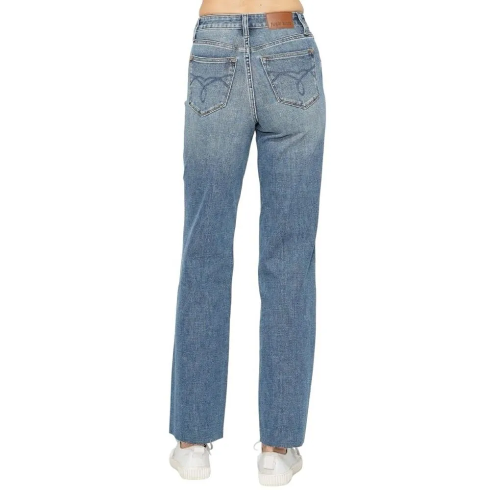 Judy Blue Women’s Size 32 15 High Waist Tummy Cut Raw Hem Straight Leg Jeans - Image 4