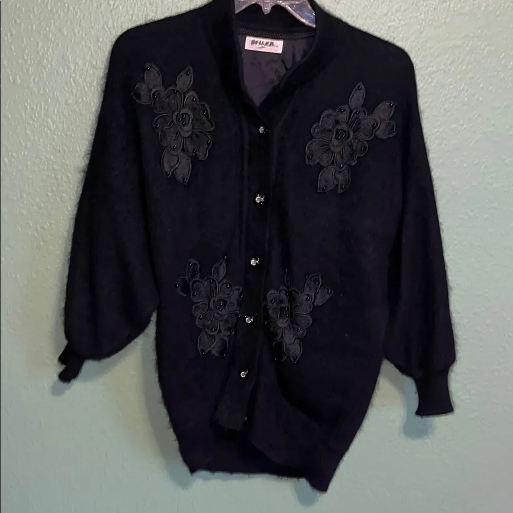 Vintage FA fashion korea cardigan Sweater Angora with Embroidered floral Details Black Size XL - Image 2