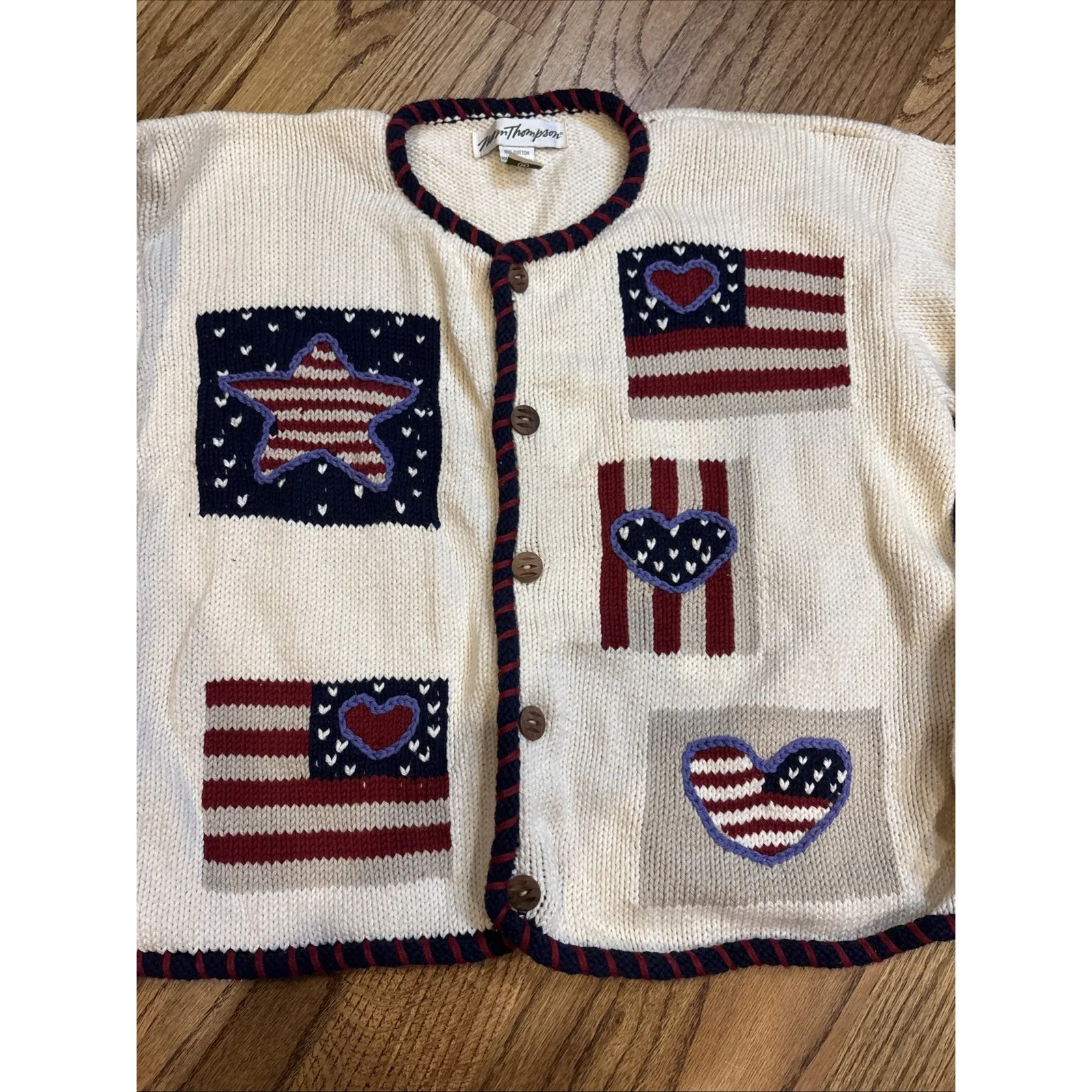 Norm Thompson Patriotic Knit Cardigan Sweater Medium USA Flag Hearts Folk Art - Image 6