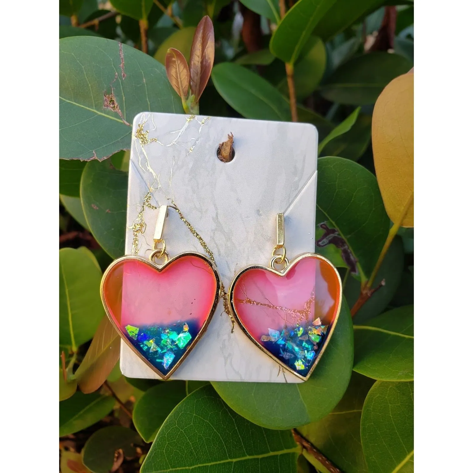 Gold colored Art Handmade Resin Glitter Heart Earrings Tones Verdes Jewelry - Image 4